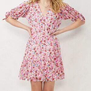 Lauren Conrad Dress Chiffon Wrap Floral Feminine Flowy Ruffles Tie Sleeve Pink L